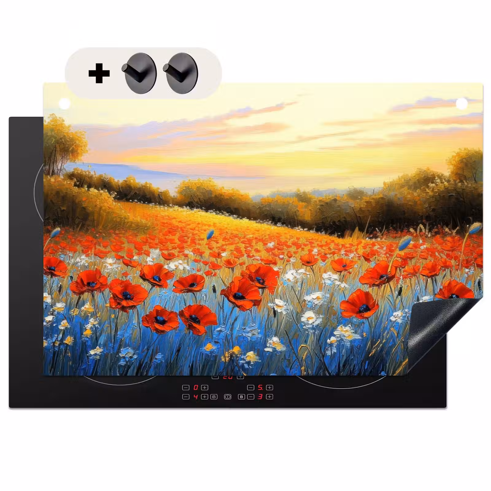 Inductie beschermer en spatscherm (2in1) - Klaproos - Bloemenveld - Kleurrijk — 1