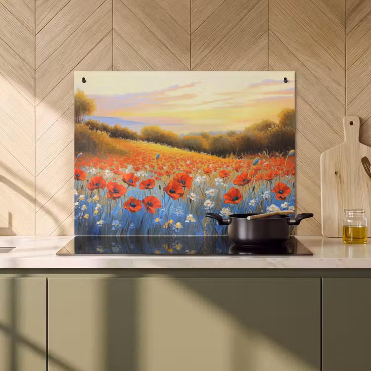 Inductie beschermer en spatscherm (2in1) - Klaproos - Bloemenveld - Kleurrijk — 2