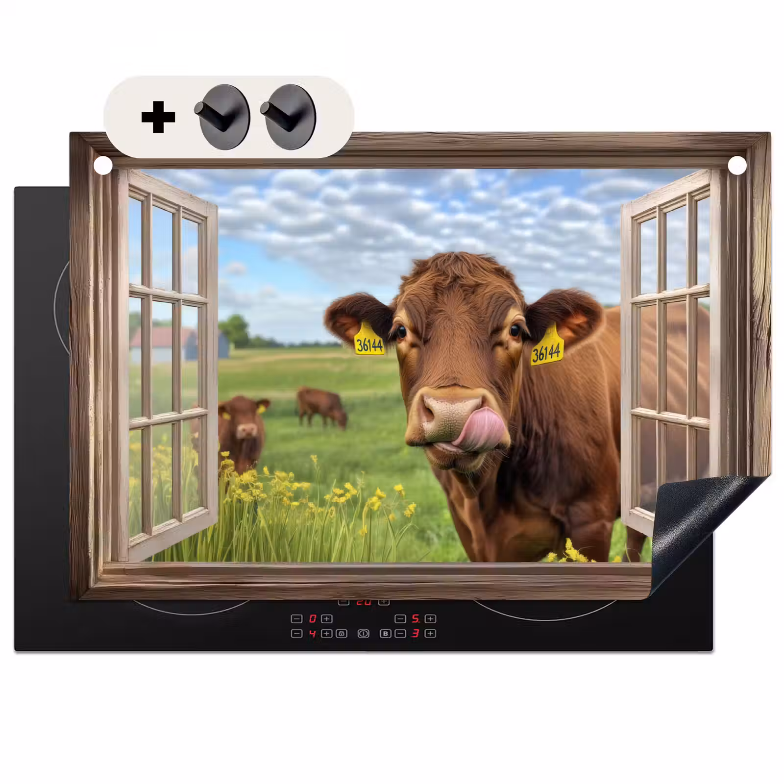 Inductie beschermer en spatscherm (2in1) - Doorkijk - Koe - Weiland - Landschap - Dieren — 1