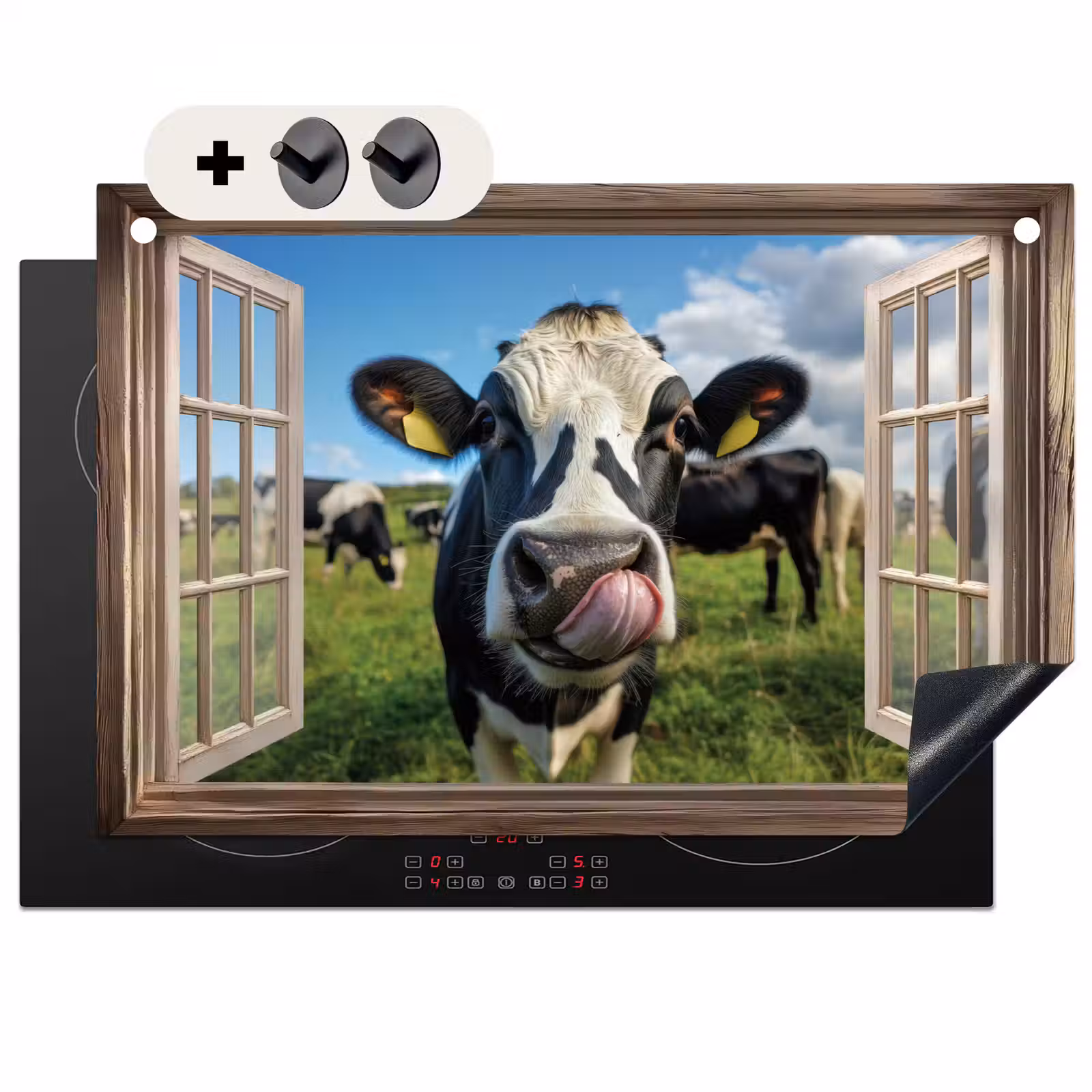 Inductie beschermer en spatscherm (2in1) - Doorkijk - Koe - Weiland - Dieren - Natuur — 1