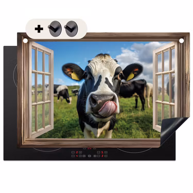 Inductie beschermer en spatscherm (2in1) - Doorkijk - Koe - Weiland - Dieren - Natuur — 1
