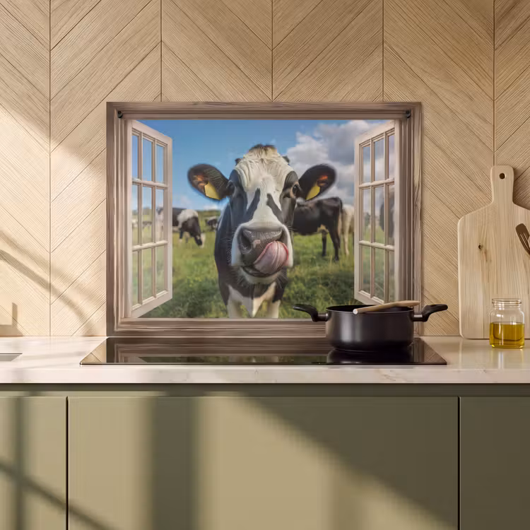 Inductie beschermer en spatscherm (2in1) - Doorkijk - Koe - Weiland - Dieren - Natuur — 2