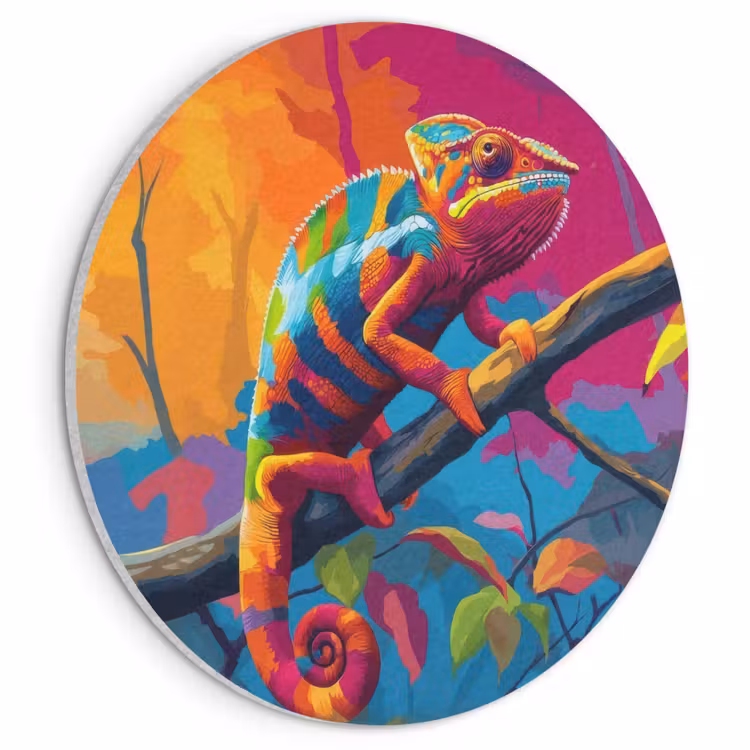 Akoestisch schilderij rond - Kameleon - Tak - Gestreept - Bladeren — 1