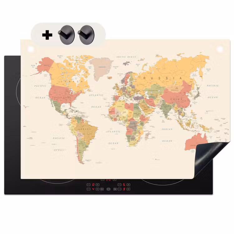 Inductie beschermer en spatscherm (2in1) - Wereldkaart - Realistisch - Beige — 1