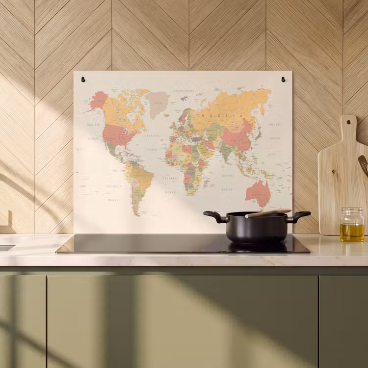 Inductie beschermer en spatscherm (2in1) - Wereldkaart - Realistisch - Beige — 2