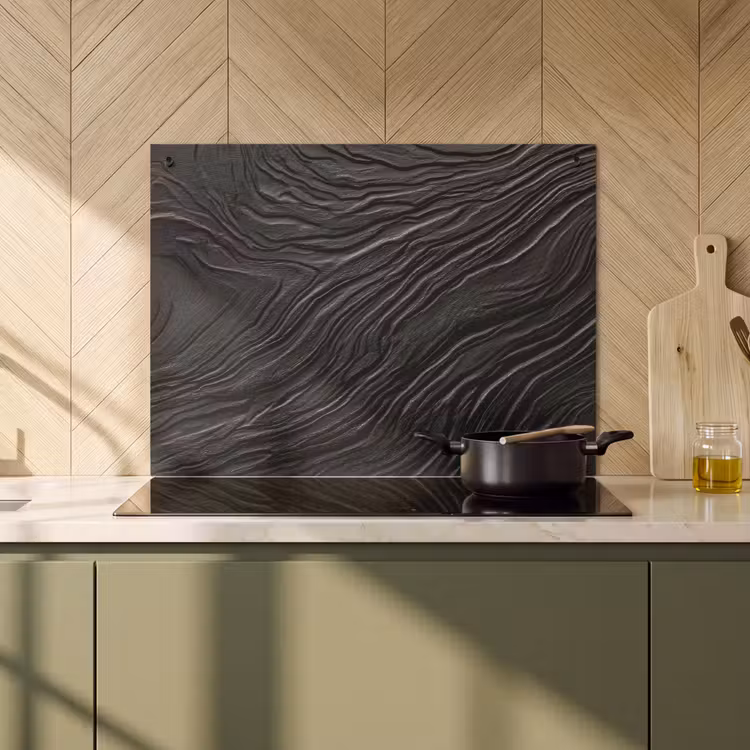Inductie beschermer en spatscherm (2in1) - Zwart - Abstract - Hout — 2