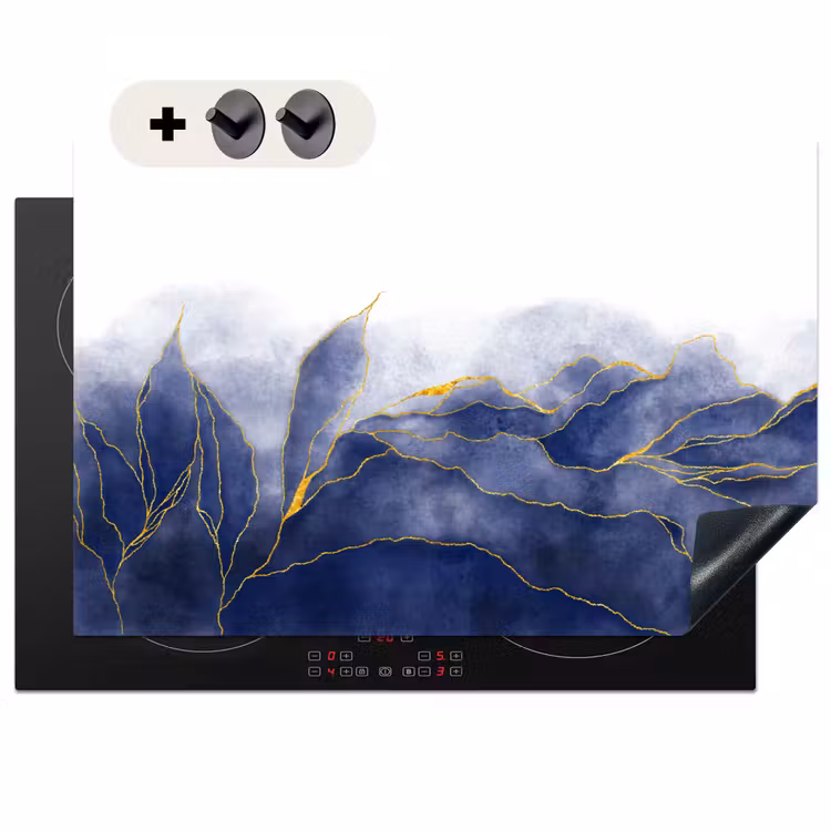 Inductie beschermer en spatscherm (2in1) - Marmer - Blauw - Marmerlook - Goud - Textuur — 1
