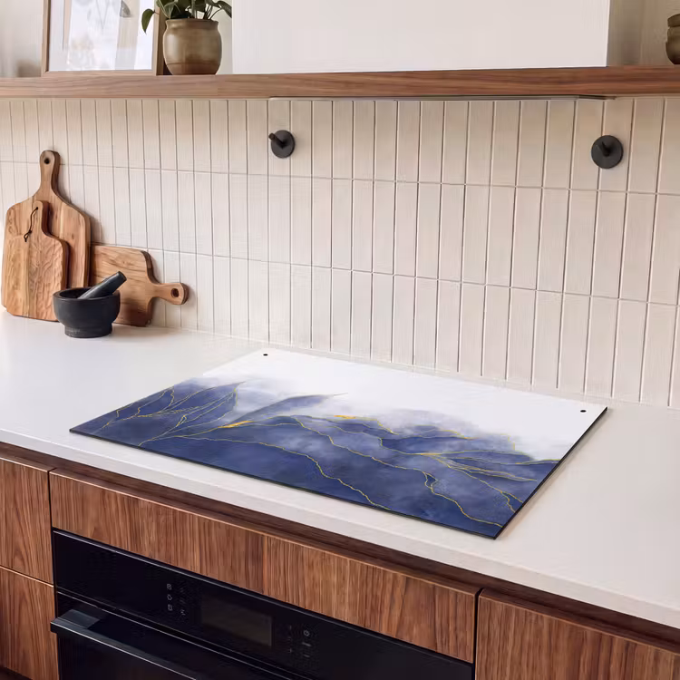 Inductie beschermer en spatscherm (2in1) - Marmer - Blauw - Marmerlook - Goud - Textuur — 3