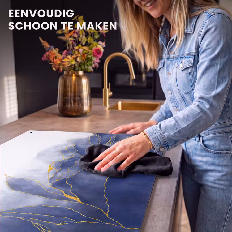 Inductie beschermer en spatscherm (2in1) - Marmer - Blauw - Marmerlook - Goud - Textuur — 5