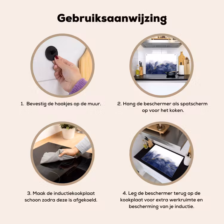Inductie beschermer en spatscherm (2in1) - Marmer - Blauw - Marmerlook - Goud - Textuur — 6