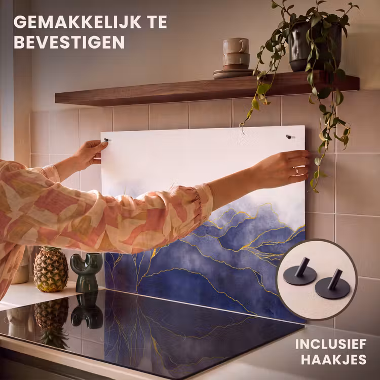 Inductie beschermer en spatscherm (2in1) - Marmer - Blauw - Marmerlook - Goud - Textuur — 7