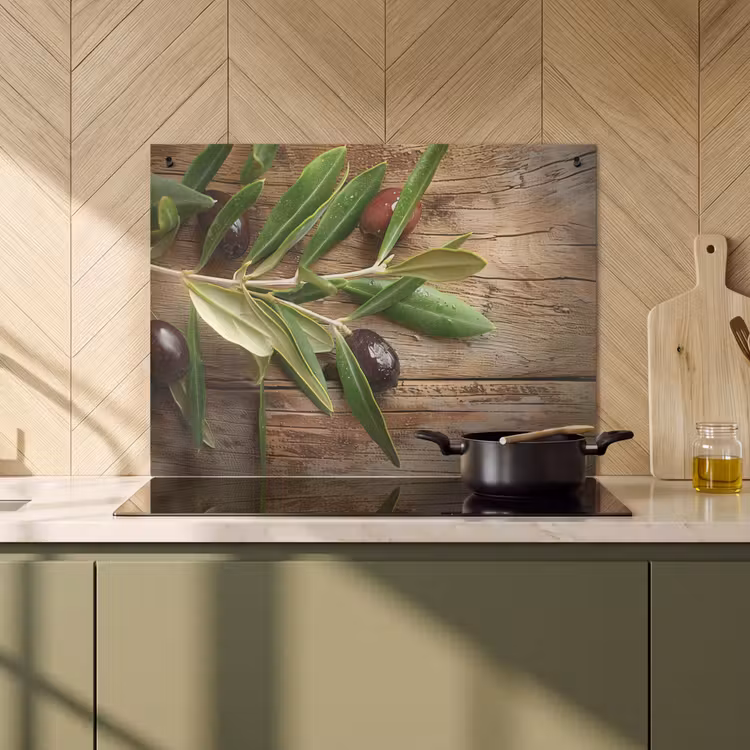 Inductie beschermer en spatscherm (2in1) - Olijven - Bladeren - Hout - Stilleven — 2