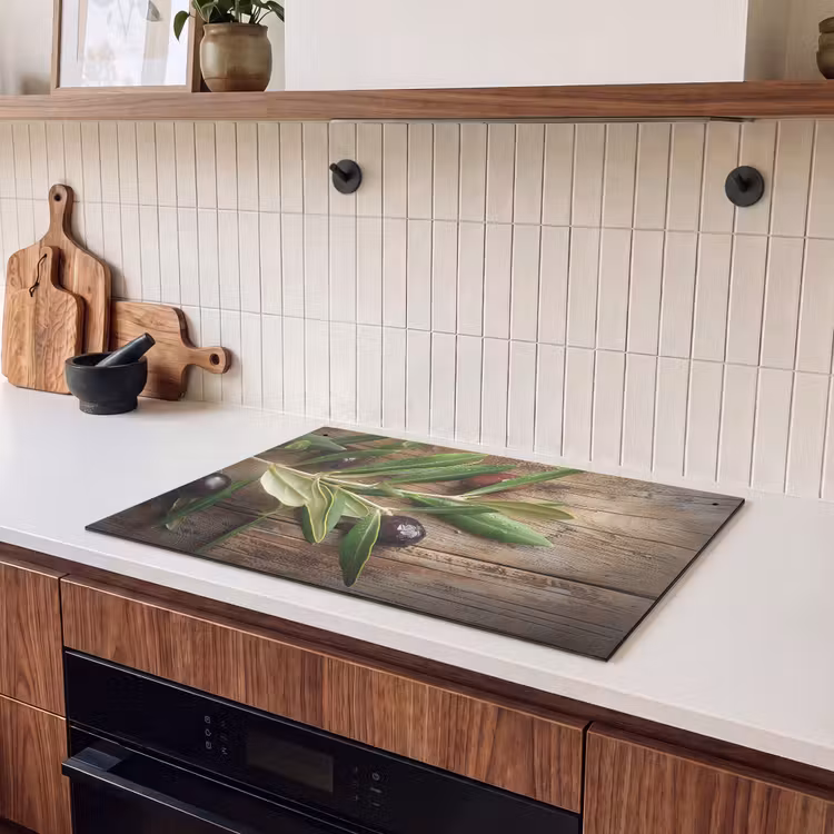 Inductie beschermer en spatscherm (2in1) - Olijven - Bladeren - Hout - Stilleven — 3