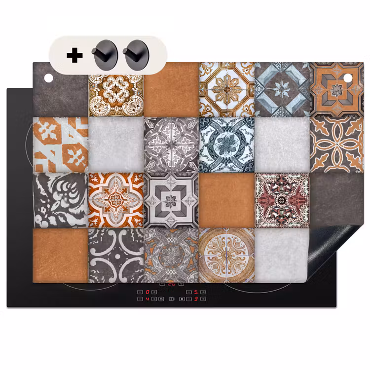 Inductie beschermer en spatscherm (2in1) - Mozaïek - Patroon - Oranje - Blauw — 1