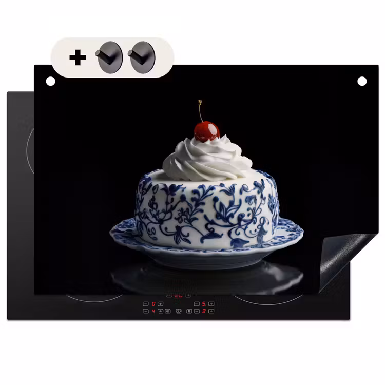 Inductie beschermer en spatscherm (2in1) - Taart - Slagroom - Kers - Bord - Delfts blauw
