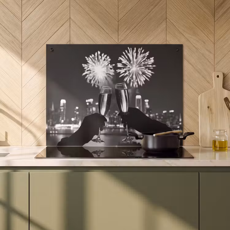 Inductie beschermer en spatscherm (2in1) - Vuurwerk - Proosten - Skyline - Champagne — 2