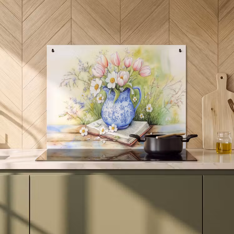 Inductie beschermer en spatscherm (2in1) - Vaas - Delftsblauw - Madeliefjes — 2