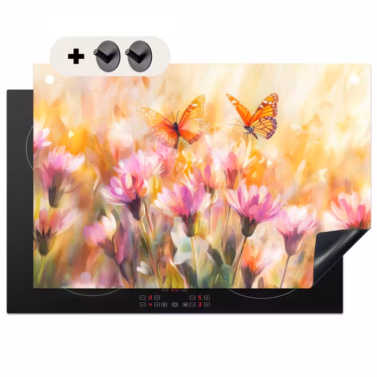 Inductie beschermer en spatscherm (2in1) - Vlinders - Oranje - Bloemen — 1