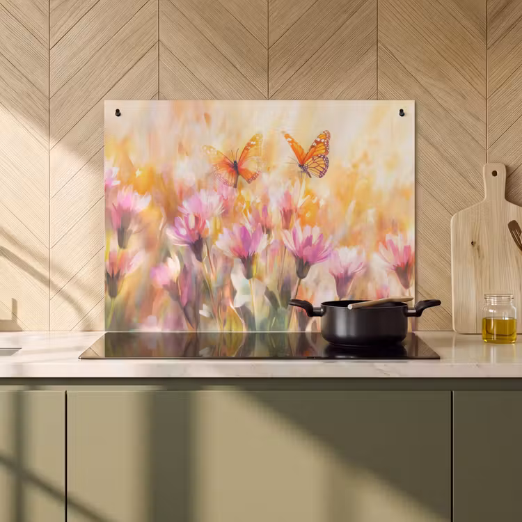 Inductie beschermer en spatscherm (2in1) - Vlinders - Oranje - Bloemen — 2