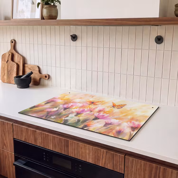 Inductie beschermer en spatscherm (2in1) - Vlinders - Oranje - Bloemen — 3