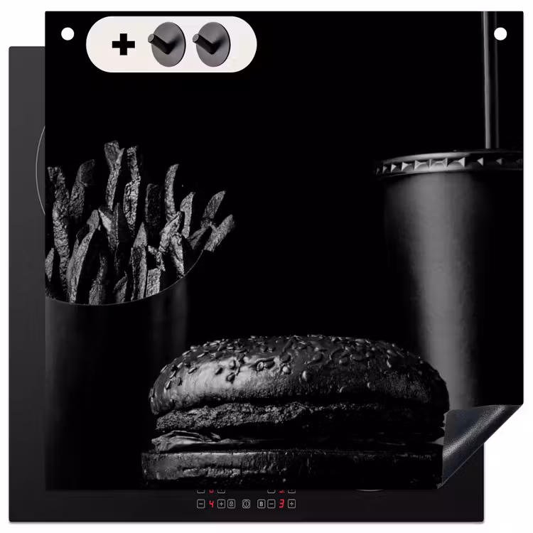 Inductie beschermer en spatscherm (2in1) - Fastfood maaltijd met een burger en patat in zwart-wit — 1