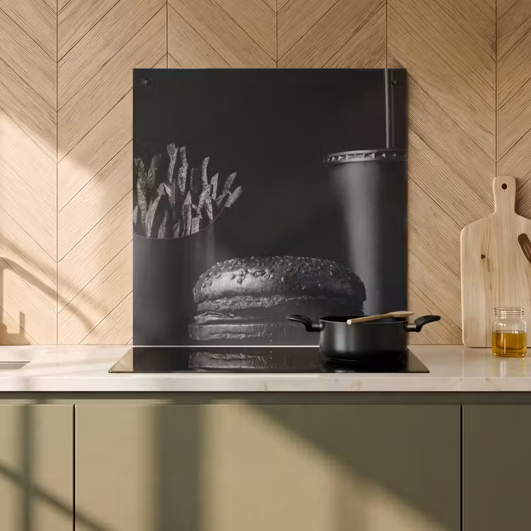 Inductie beschermer en spatscherm (2in1) - Fastfood maaltijd met een burger en patat in zwart-wit — 2