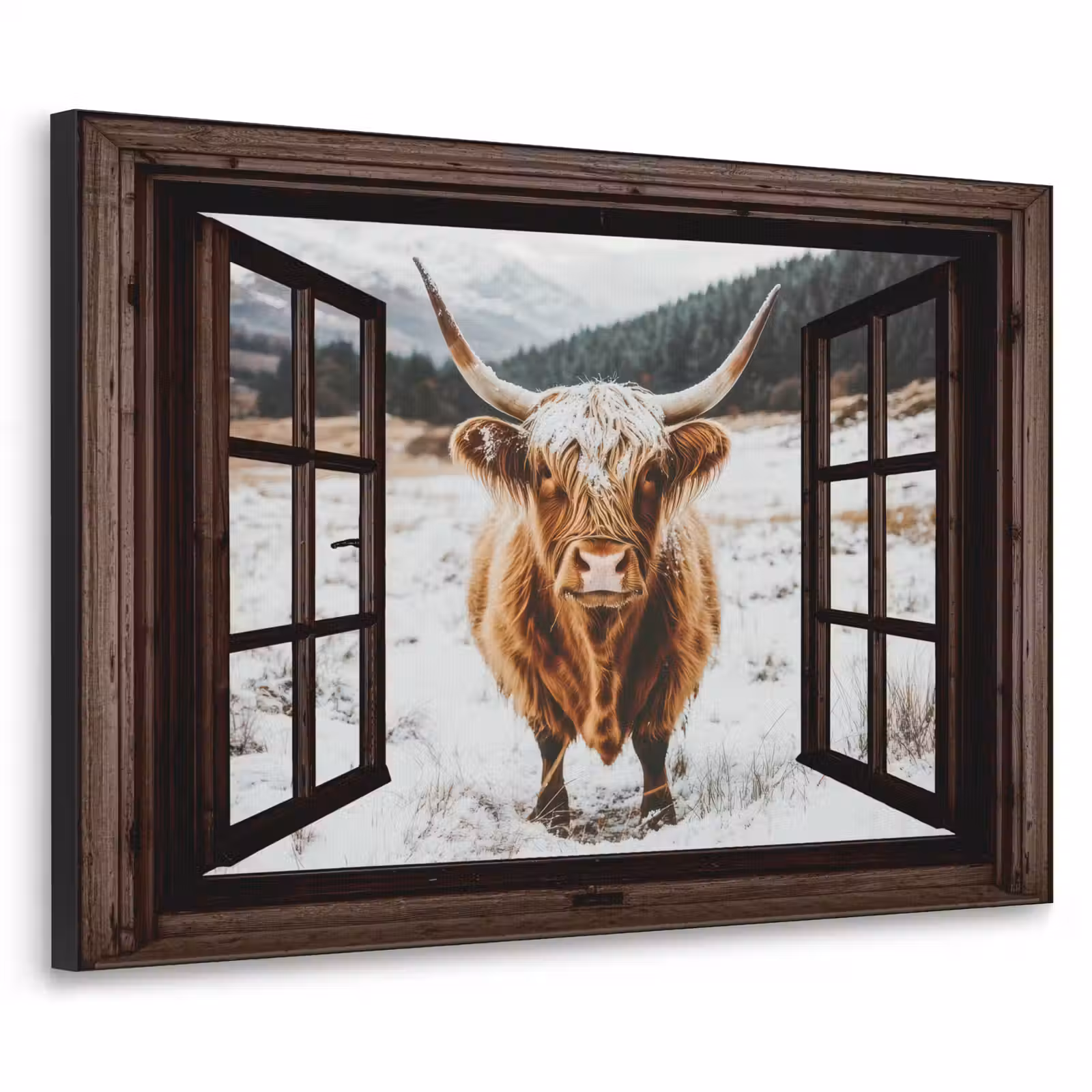 Art Frame - Schotse Hooglander - Landschap - Landelijk - Bergen - Winter - Doorkijk - Donker — 1