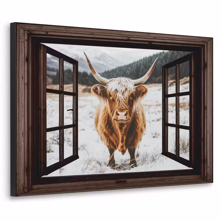 Art Frame - Schotse Hooglander - Landschap - Landelijk - Bergen - Winter - Doorkijk - Donker — 1