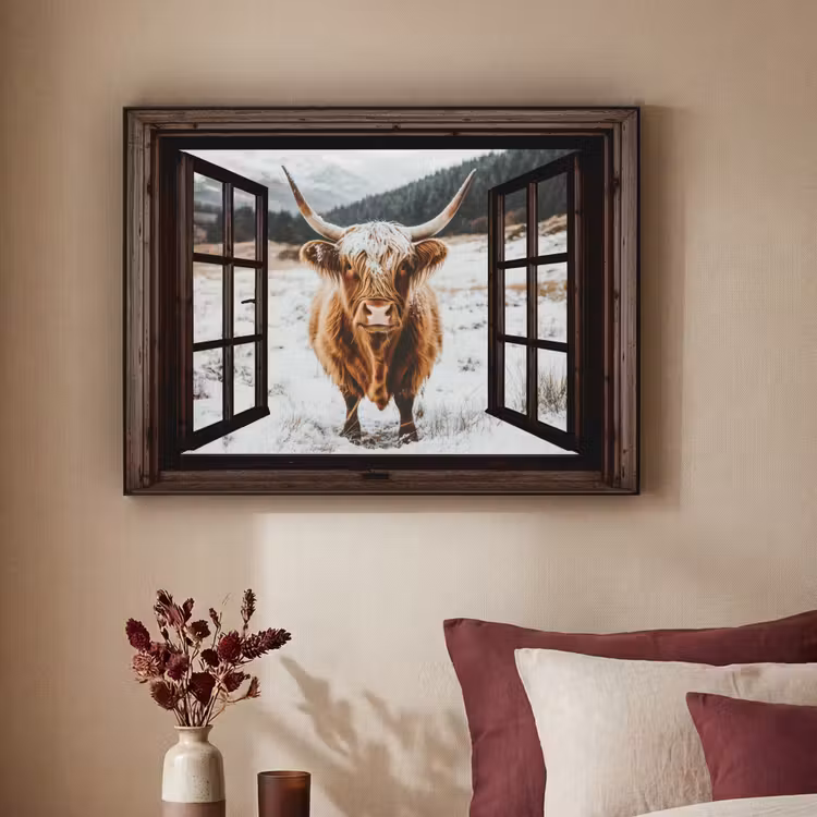 Art Frame - Schotse Hooglander - Landschap - Landelijk - Bergen - Winter - Doorkijk - Donker — 3