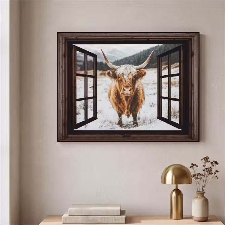 Art Frame - Schotse Hooglander - Landschap - Landelijk - Bergen - Winter - Doorkijk - Donker — 5