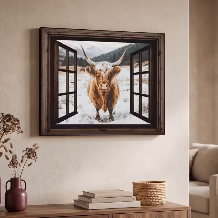 Art Frame - Schotse Hooglander - Landschap - Landelijk - Bergen - Winter - Doorkijk - Donker — 7