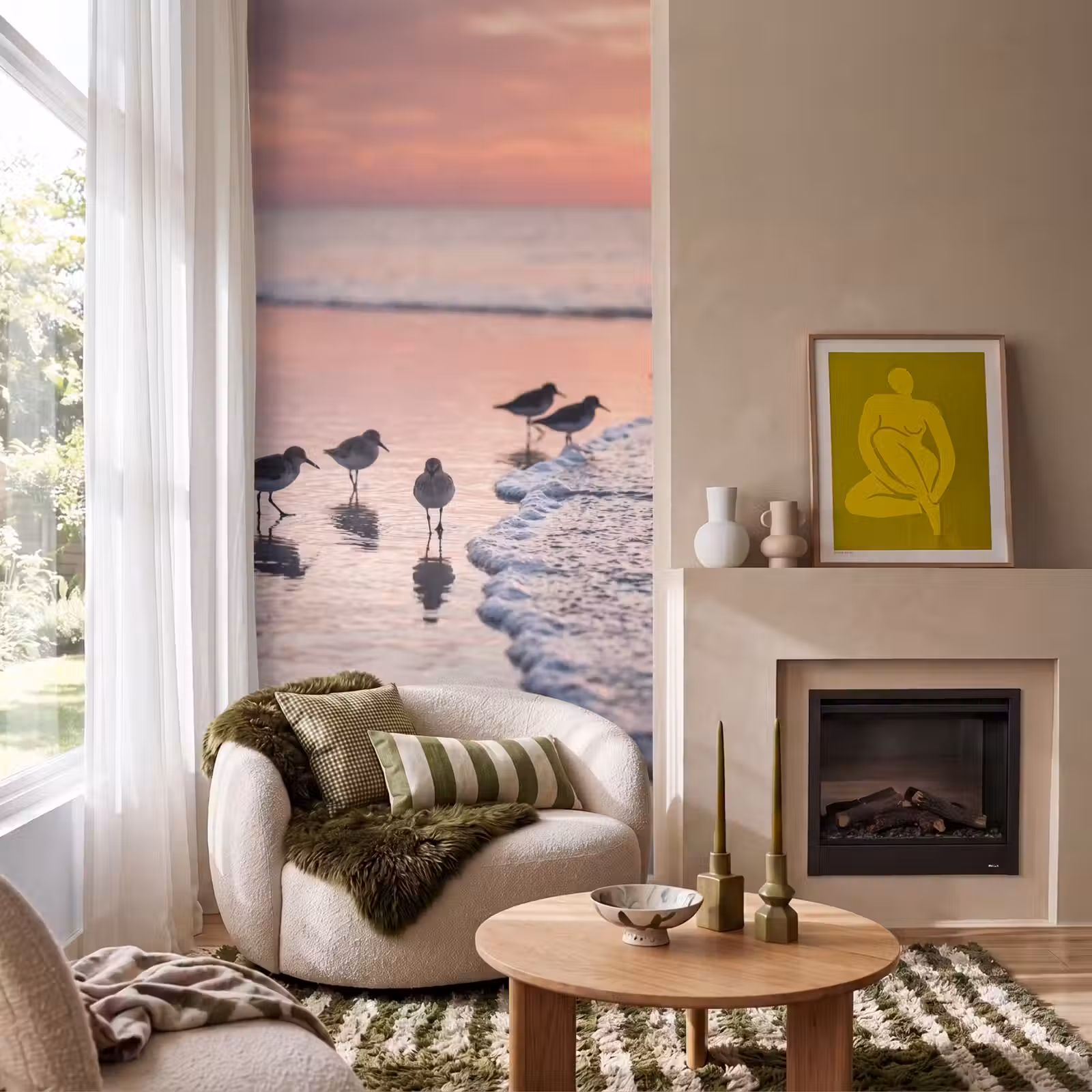 Behang - Meeuwen - Strand - Zee - Roze β 1