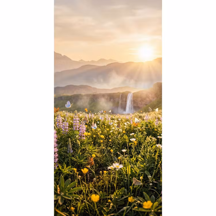Behang - Vlinders - Waterval - Bloemenveld — 2