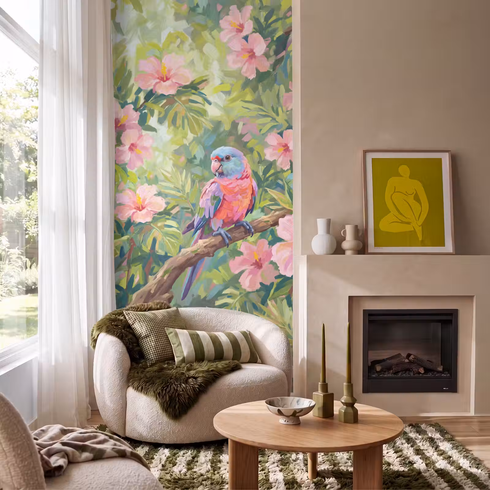 Behang - Papagaai - Hibiscusbloemen - Kleurrijk — 1