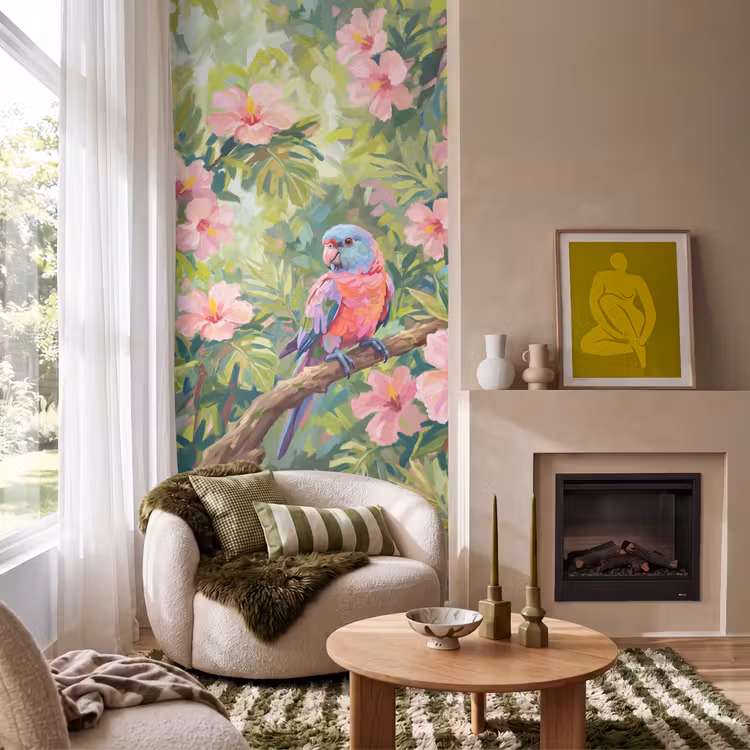 Behang - Papagaai - Hibiscusbloemen - Kleurrijk — 1