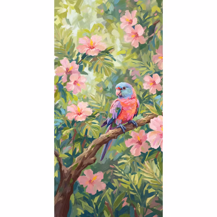 Behang - Papagaai - Hibiscusbloemen - Kleurrijk — 2
