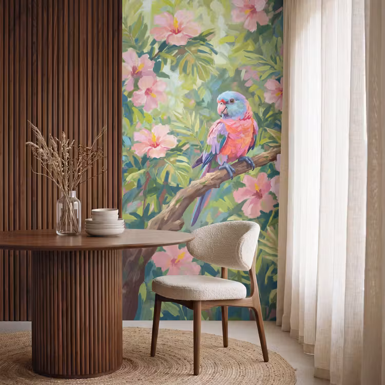 Behang - Papagaai - Hibiscusbloemen - Kleurrijk — 4