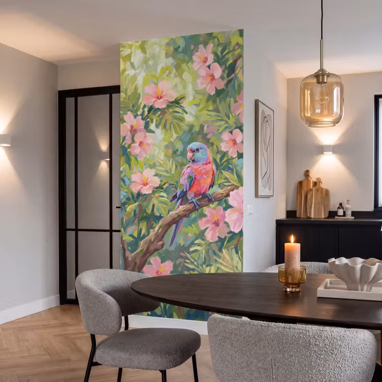 Behang - Papagaai - Hibiscusbloemen - Kleurrijk — 5