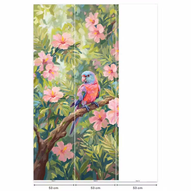 Behang - Papagaai - Hibiscusbloemen - Kleurrijk — 6