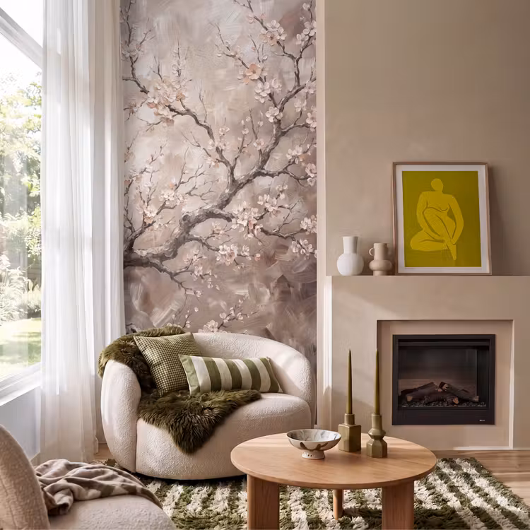 Behang - Bloesem - Takken - Schilderij - Beige - Serene — 1