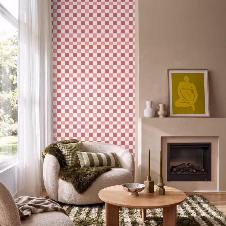 Behang - Patroon - Schaak - Roze — 1