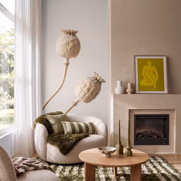 Behang - Papaverbollen - Droogbloemen - Minimalistisch - Beige - Rustig