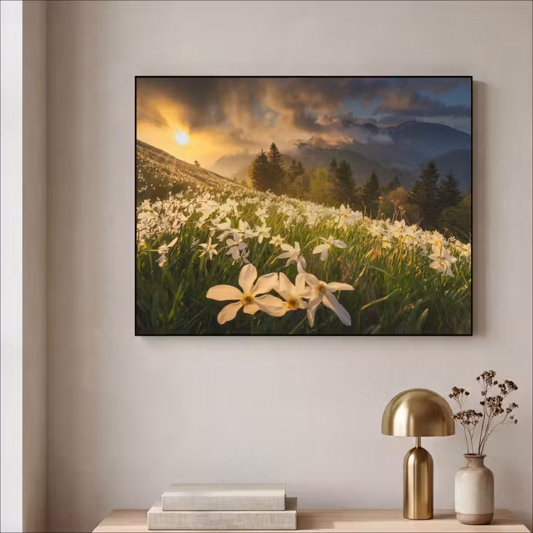 Art Frame - Bloemenveld - Heuvels - Zonsondergang - Berg - Natuur - Wit - Heuvels — 5