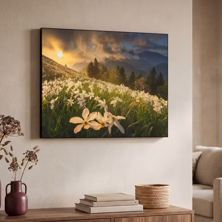 Art Frame - Bloemenveld - Heuvels - Zonsondergang - Berg - Natuur - Wit - Heuvels — 7