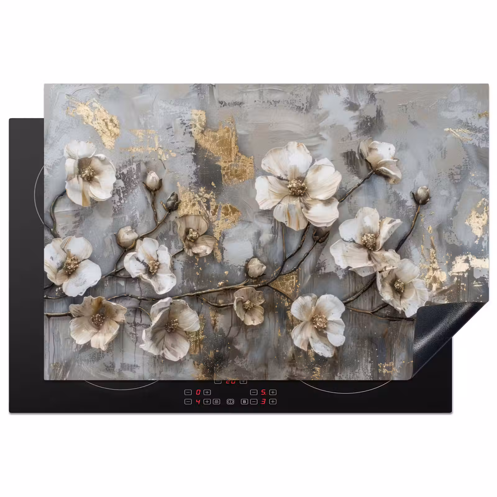 Inductie beschermer - Bloemen - Wit - Grijs - Goud - Luxe — 1