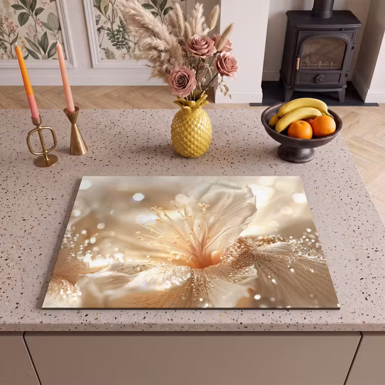 Inductie beschermer - Bloem - Wit - Glitter - Goud - Modern — 2