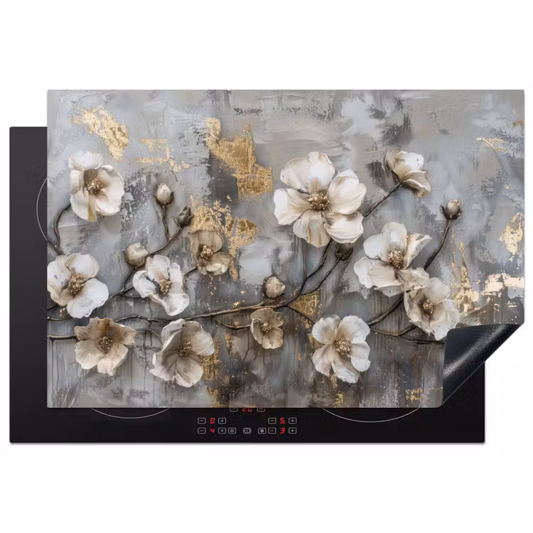 Inductie beschermer - Bloemen - Wit - Grijs - Goud - Luxe — 1
