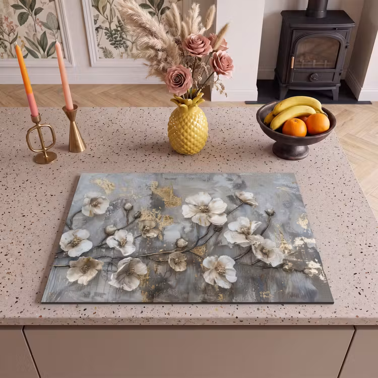 Inductie beschermer - Bloemen - Wit - Grijs - Goud - Luxe — 2