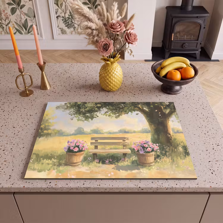 Inductie beschermer - Houten bankje - Bloempotten - Landschap — 2