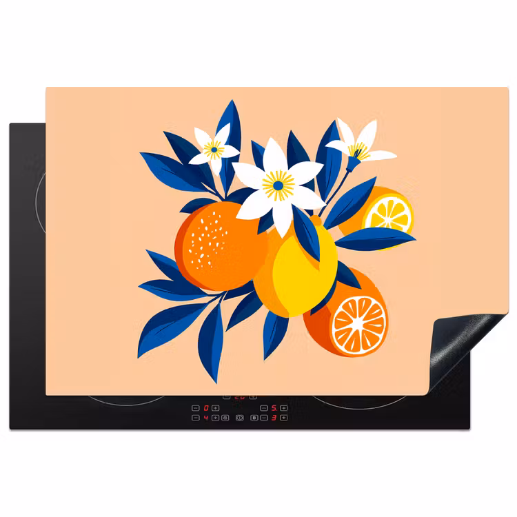 Inductie beschermer - Illustratie - Sinaasappels - Donkerblauw - Bloemen — 1